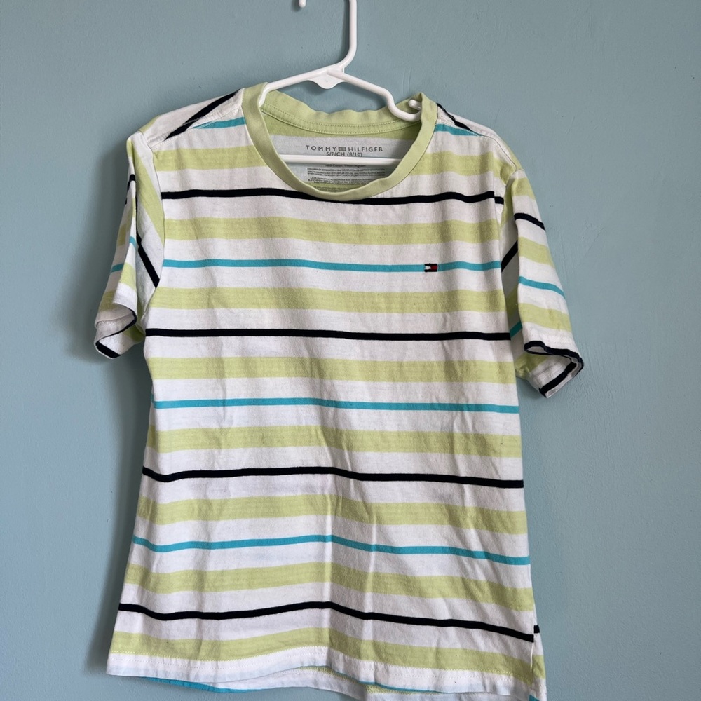 Tommy Hilfiger White Tee with Lime & Aqua Stripes